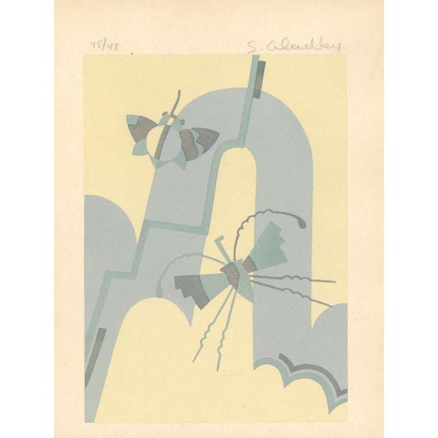 Signed limited-edition modernist print by S. Alandlay, numbered 45/48 in pencil. Stylized butterflies hover around large...
