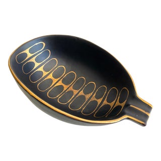Vintage Mid Century Modernist Matte Black Italian Art Pottery Hand Painted Asymmetrical Oval Decorative Bowl For Sale