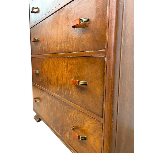 Wood 1970s Vintage Art Deco Highboy Dresser With Waterfall Front and Bakelite Style Handles For Sale - Image 7 of 11