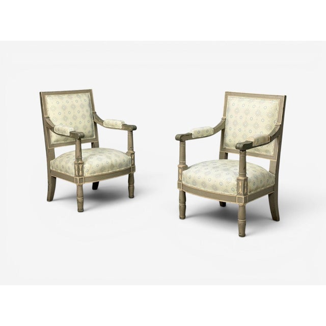 Gustavian (Swedish) Gustavian, Lounge Chairs, Grey Paint Decorated, Fabric, Sweden, 19th C. For Sale - Image 3 of 13