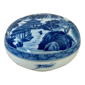 Chinoiserie Blue and White Round Porcelain Box 5.75" Diameter