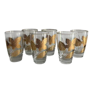 Mid Century Barware Glasses Libby Gold Leaves - Set of 6