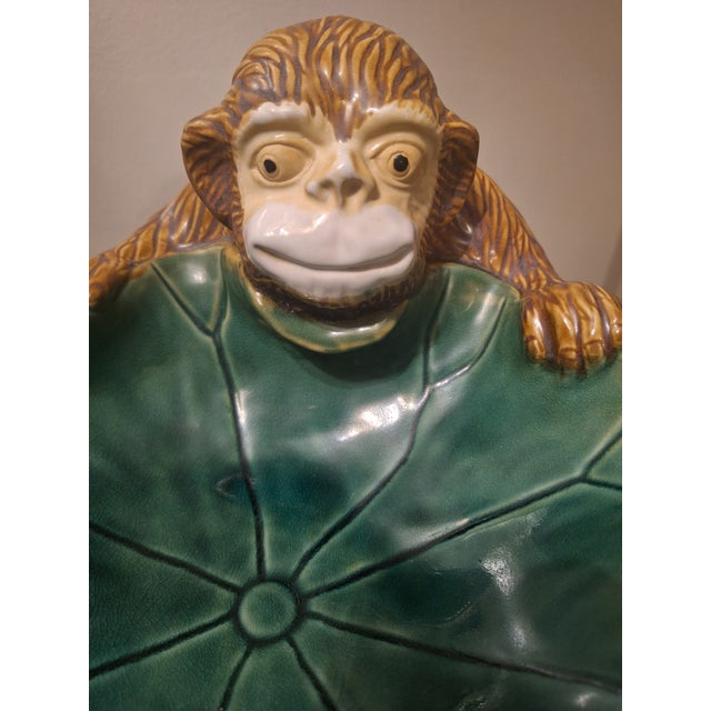 Mid-Century Majolica Style Ceramic Monkey Leaf Centerpiece Bowl For Sale - Image 4 of 6