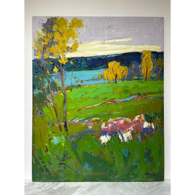 Bold color meets pastoral beauty in this vibrant landscape. This large original oil painting captures the energy of the...