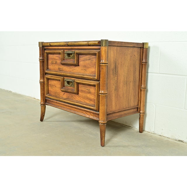 Mid-Century Modern Mid-Century Hollywood Regency Campaign Carved Walnut Faux Bamboo Nightstand by Stanley, Circa 1960s For Sale - Image 3 of 15