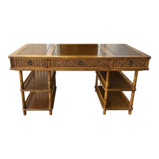 Vintage Wicker & Bamboo Desk W/ Leather Top For Sale