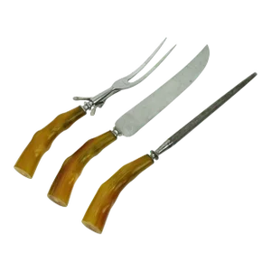 Mid 20th Century Universal Stainless Steel With Celluloid Horn Style Handles Serving Cutlery Carving Set - 3 Pieces