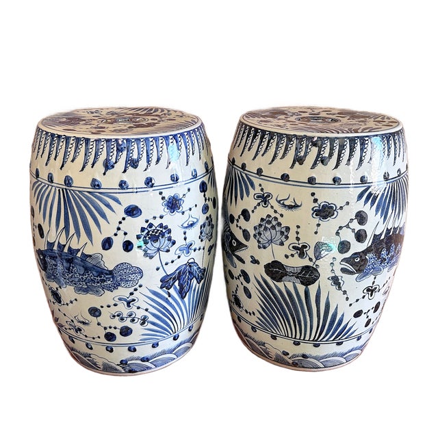 Ceramic Chinoiserie Porcelain Blue and White Coastal Fish Garden Stools - A Pair For Sale - Image 7 of 7