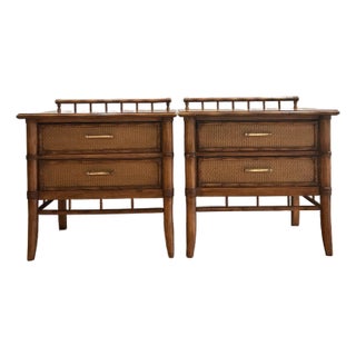 1970’s Thomasville Faux Bamboo and Rattan Chinoiserie Hollywood Regency Nightstands - A Pair For Sale