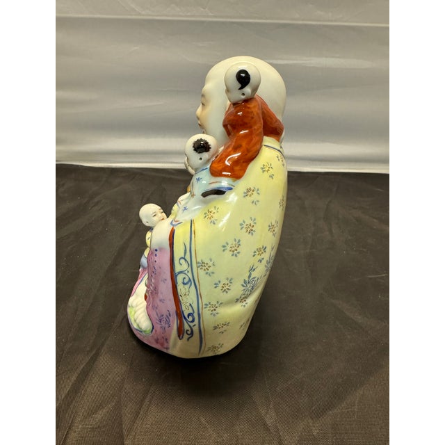 Chinese Republic Famille Rose Porcelain Laughing Buddha 5 Children 6.5” Vintage For Sale - Image 4 of 9