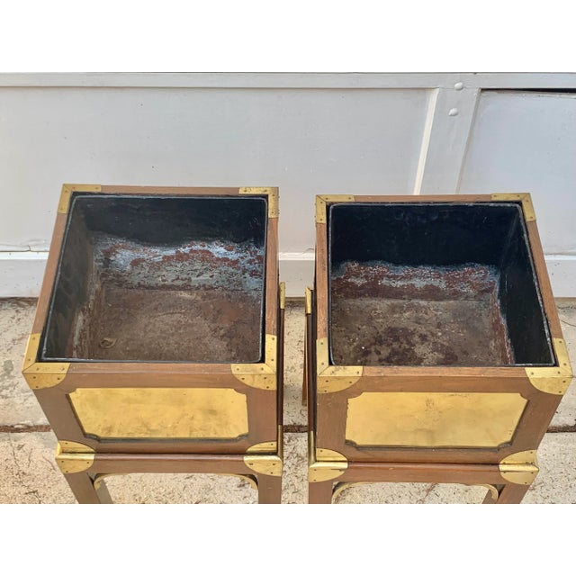 Campaign Vintage Brass and Wood Chinoiserie Style Plant Stands-A Pair For Sale - Image 3 of 10