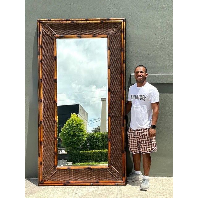 Wood Vintage Monumental Bamboo and Rattan Floor Mirror For Sale - Image 7 of 17