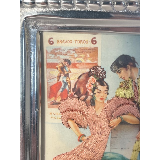 1940s 1940s Spanish Embroidered Postcard of Flamenco Dancer in Metal Frame For Sale - Image 5 of 5