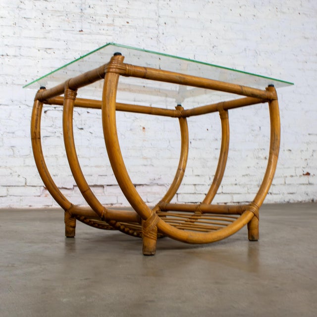 Calif-asia Mid-20th Century MCM Coastal Style Side or End Table With Bent Rattan Base and Rectangle Glass Top For Sale - Image 4 of 18