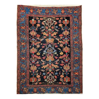 Antique Persian Malayer Rug, Hand-Knotted Wool, Geometric Pattern, 5x7, Navy and Green For Sale