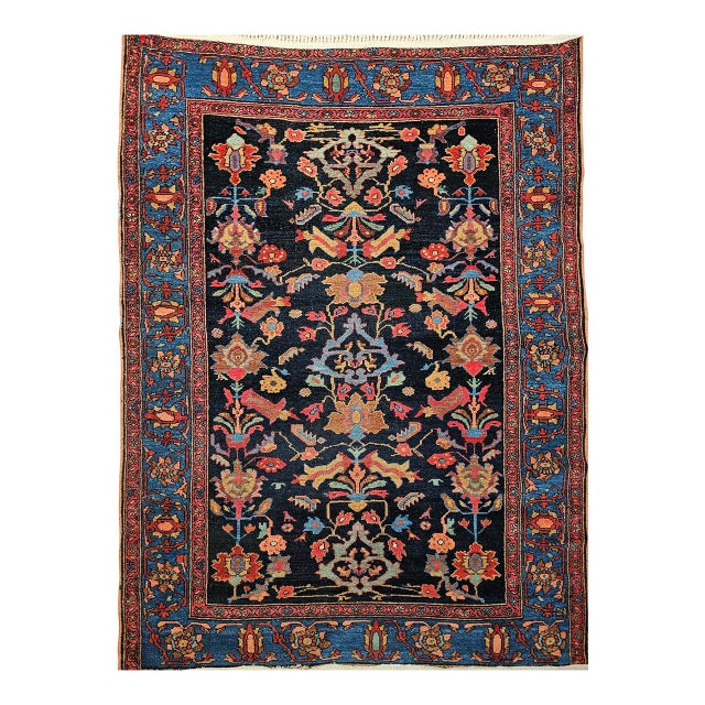 Antique Persian Malayer Rug, Hand-Knotted Wool, Geometric Pattern, 5x7, Navy and Green For Sale