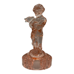 1920s "Two Kids" Figural Flower Frog by Cambridge Glass– Dianthus Pink, Oval Base