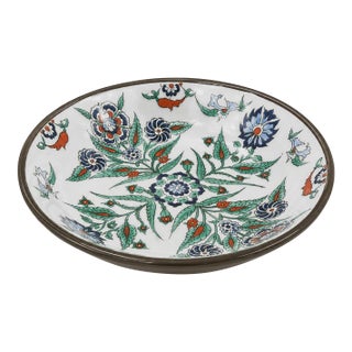 Vintage Turkish Iznik Style Floral Ceramic Shallow Bowl For Sale