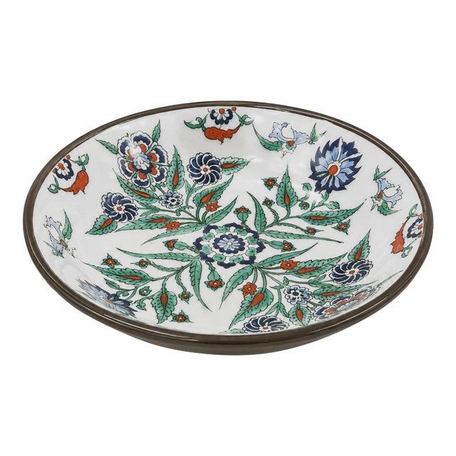 Vintage Turkish Iznik Style Floral Ceramic Shallow Bowl For Sale