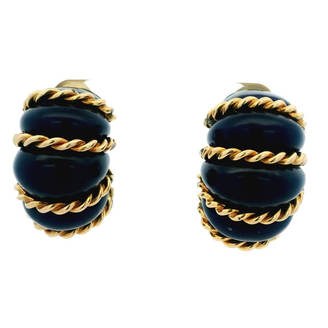 1960 Estate Blue Agate & 14k Gold Ribbed Earrings For Sale - Image 12 of 14