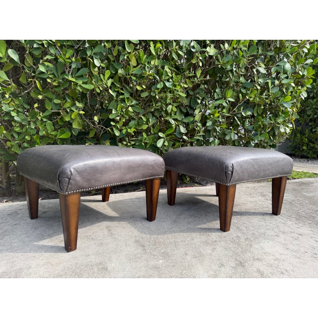 Early 21st Century King Hickory Gray Leather Nailhead Ottomans, a Pair For Sale - Image 5 of 12