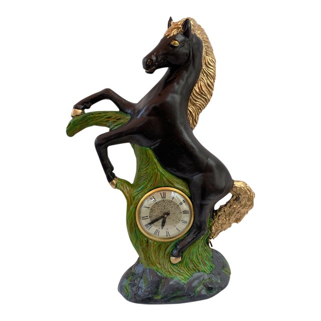 Mid Century Lanshire Large 26" Chalkware Rearing Horse Mantle Clock