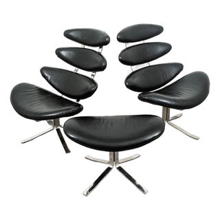 Mid Century Danish Modern Lounge Chairs Corona Set of 2 Black Chrome Ottoman MCM For Sale