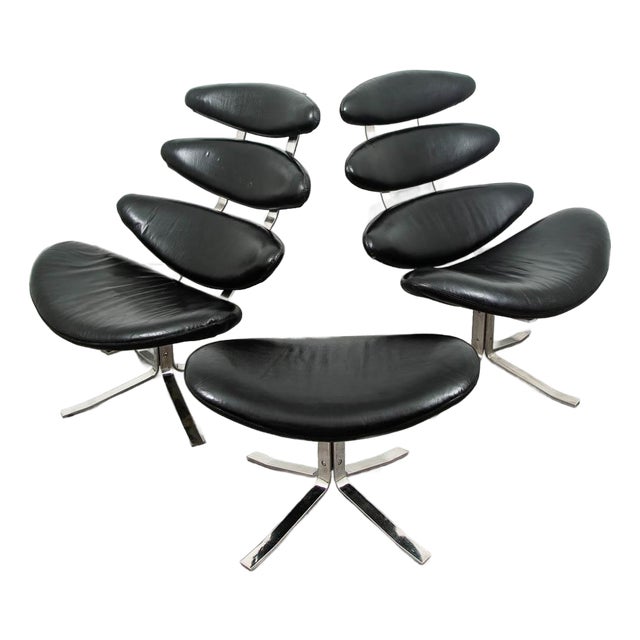 Mid Century Danish Modern Lounge Chairs Corona Set of 2 Black Chrome Ottoman MCM For Sale