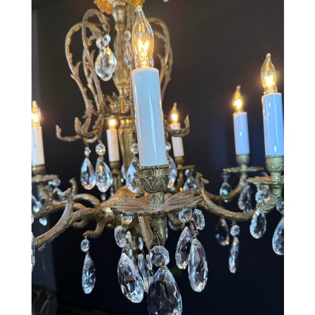 Spanish Vintage Brass Chandelier Ornate Eight Lights With Crystals For Sale - Image 3 of 8