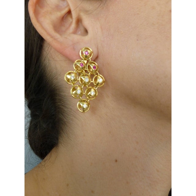 2000 - 2009 French 18 Karat Gold, Ruby and Diamond Chandelier Lever Back Pierced Earrings - 2 Pieces For Sale - Image 5 of 12