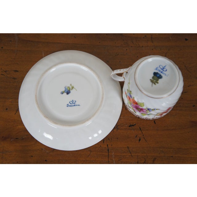 Antique Dresden Blue Crown Polychrome Porcelain Demitasse Saucer Flowers Gilding For Sale - Image 11 of 12