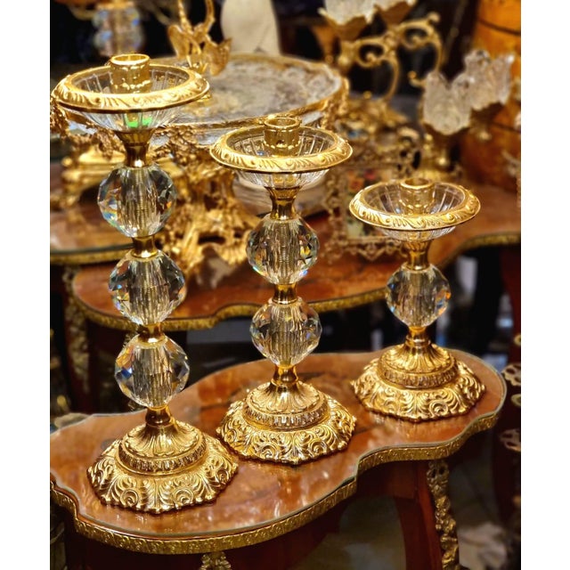 Set of 3 Crystal & Gilded Brass Candlestick Holders – French Style Decorative Candleholders For Sale - Image 4 of 5
