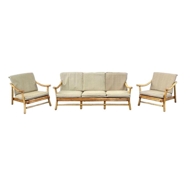 Vintage Ficks Reed Bamboo Rattan Tiki Sofa Set With Lounge Chairs - 3 Pc Set For Sale
