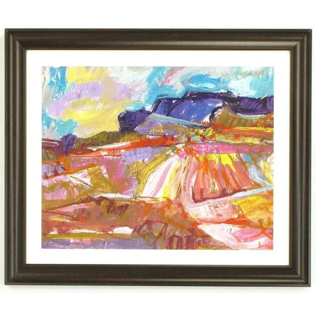 Jean Krille' (1923-1991) abstract mountain desert scene "Utah '88" acrylic on art board. Nicely framed in dark wood with a...