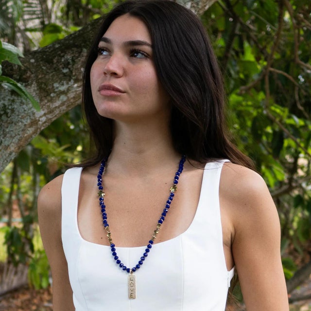 Blue Forever Loved Gold Pendant Blue Beaded Necklace For Sale - Image 8 of 12