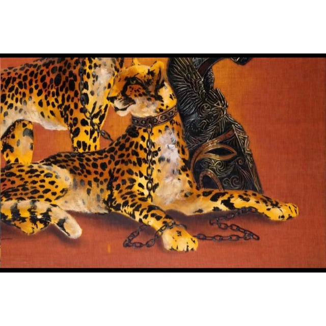 Wood 1970s Hollywood Regency Cheetahs and Roman Helmet Oil on Burlap, Signed Wyman For Sale - Image 7 of 9