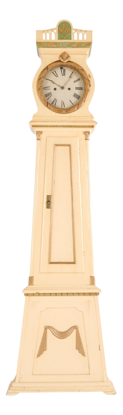 White Painted Frøken Clock with Decorative Details, Bornholm, 1790s