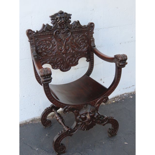 Wood Late 1800s Gothic Heavy Hand Carved Throne His and Hers Curule Chairs 6570d For Sale - Image 7 of 18
