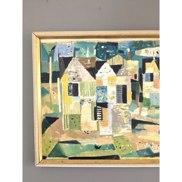 Textile 1959 Mid-Century Modern "Geometric Neighbourhood" Vintage Abstract Cityscape Oil Painting, Framed For Sale - Image 7 of 10