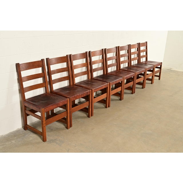 L. & J.G. Stickley, Inc. L. & J. G. Stickley Antique Mission Oak Arts & Crafts Ladder Back Dining Chairs | Set of Eight For Sale - Image 4 of 15