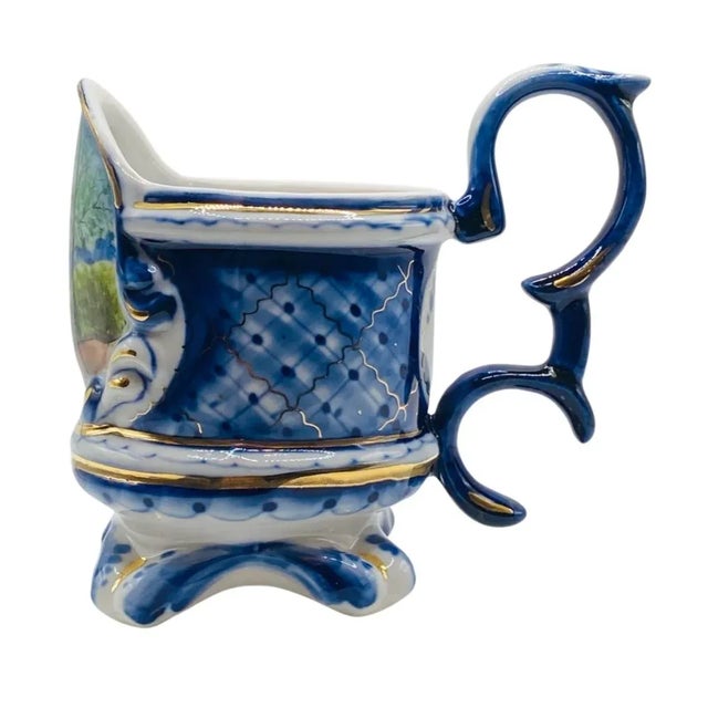 Antique Porcelain Hand Painted Gzhel Cup Glass Milk Can Holder Signed. Condition is preowned. Item measures approximately...