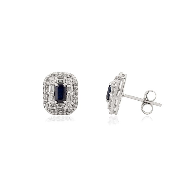 Art Deco Art Deco-Style 14k Gold Octagon Blue Sapphire & Diamond Cluster Stud Earrings For Sale - Image 3 of 10