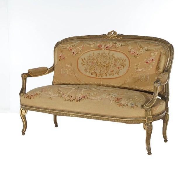 Antique French Louis XV Giltwood & Aubusson Tapestry Sofa Circa 1860 For Sale - Image 4 of 12