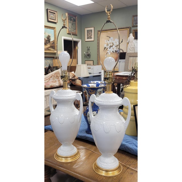 1990s Pair Regency Style Porcelain & Gilt Brass Lamps For Sale In Philadelphia - Image 6 of 11