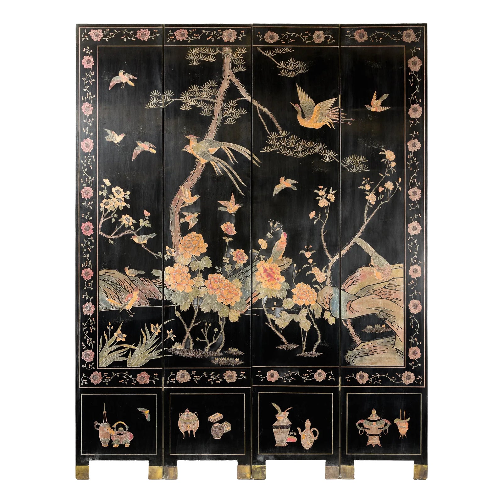 Four-Panel Black Lacquer Screen with Birds, Red-Crowned Cranes