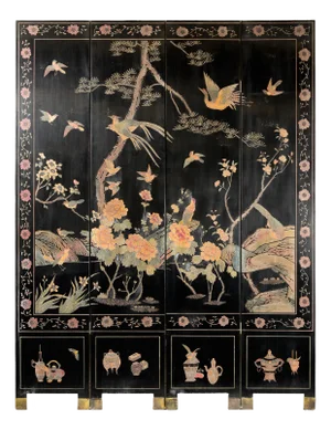 Four-Panel Black Lacquer Screen with Birds, Red-Crowned Cranes, and Flowers