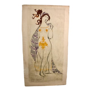 1960s Bjorn Wiinblad Figurative Danish Pencil and Paint Drawing For Sale