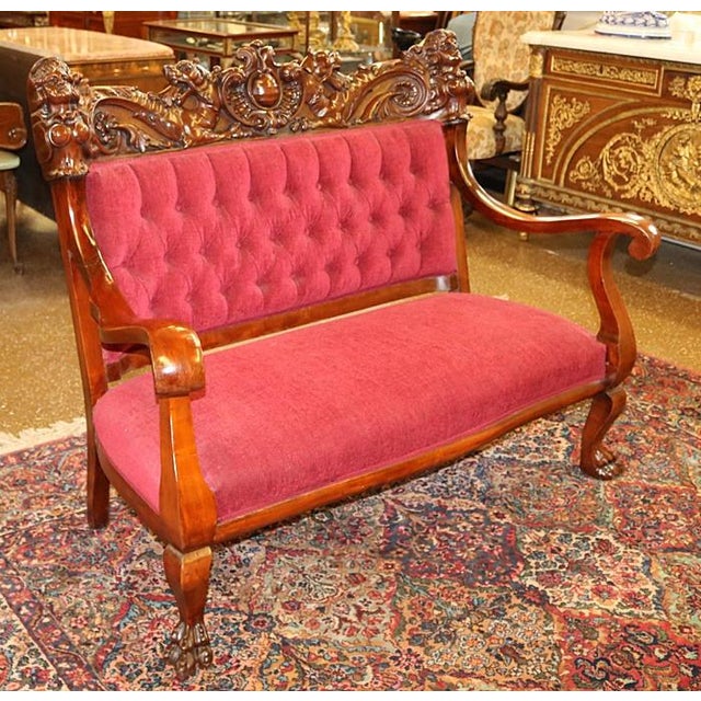 Late 19th Century Karpen Mahogany Figural Carved Settee Love Seat With Red Fabric For Sale - Image 5 of 10