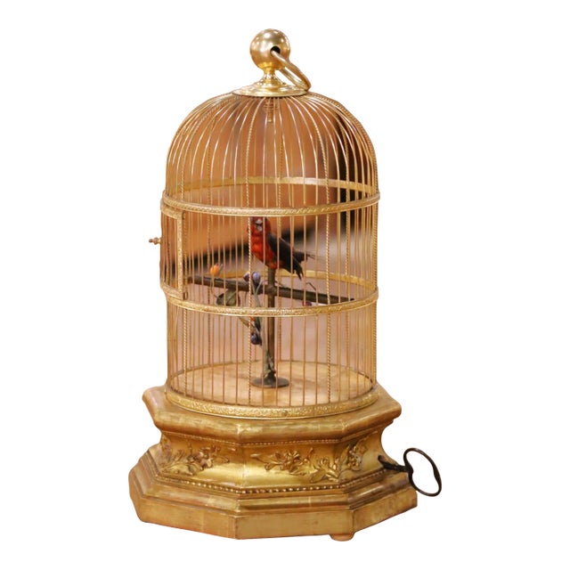 19th Century French Gilt Bronze Singing Bird Automaton on Carved Giltwood Base For Sale