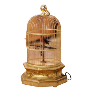 19th Century French Gilt Bronze Singing Bird Automaton on Carved Giltwood Base